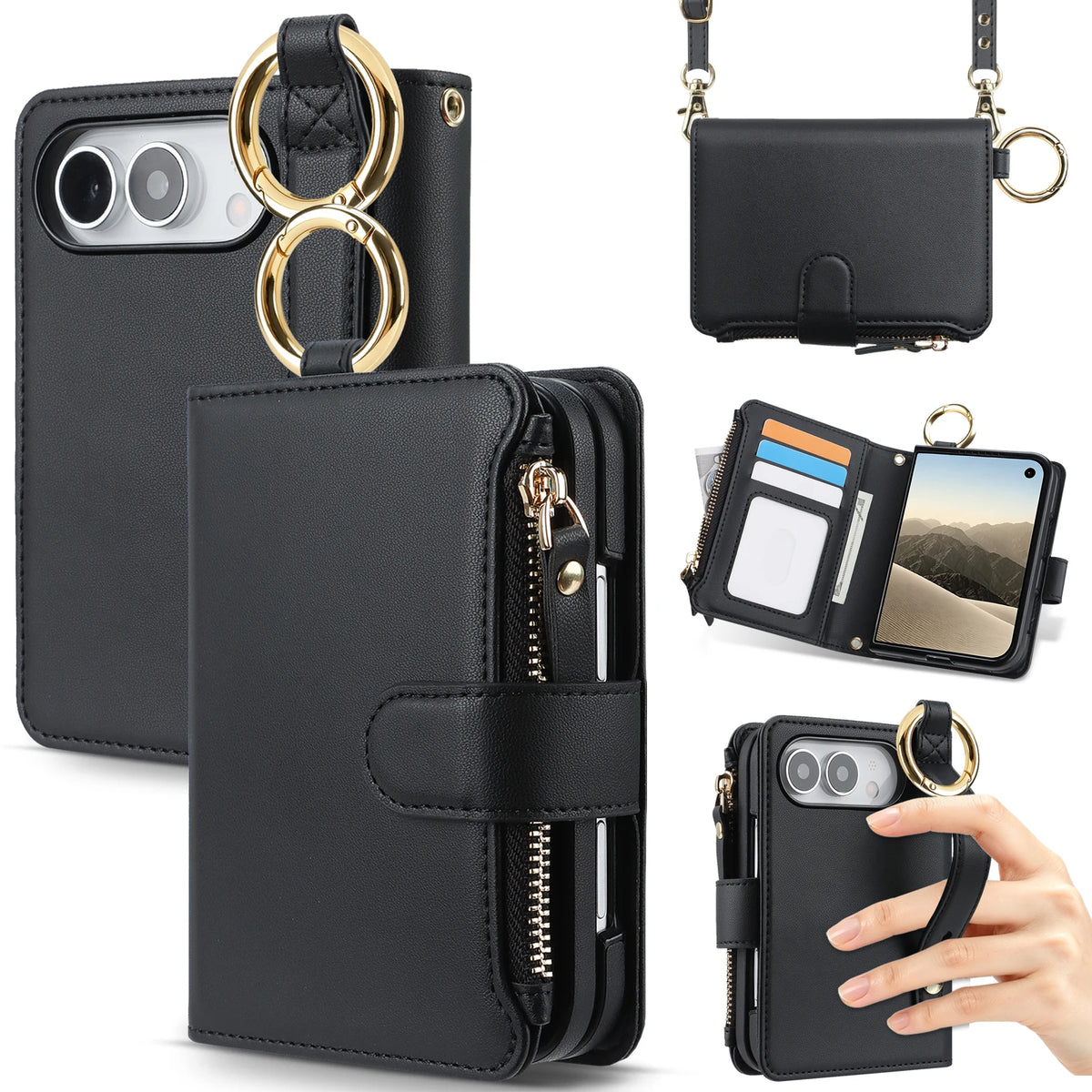 Zipper Wallet Case with Ring Hanger and Card Slots for iPhone Duo