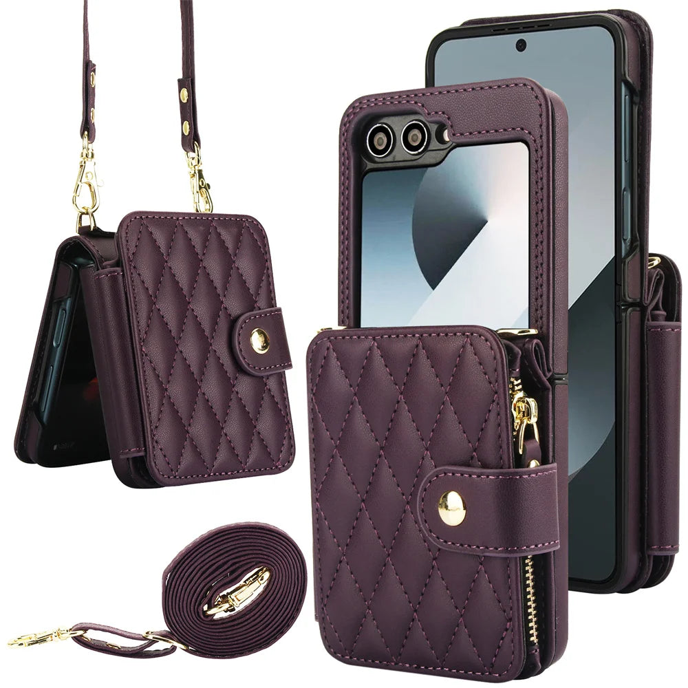 Premium Leather Crossbody Case with Card Holder & Wrist Strap for Samsung Galaxy Z Flip 6