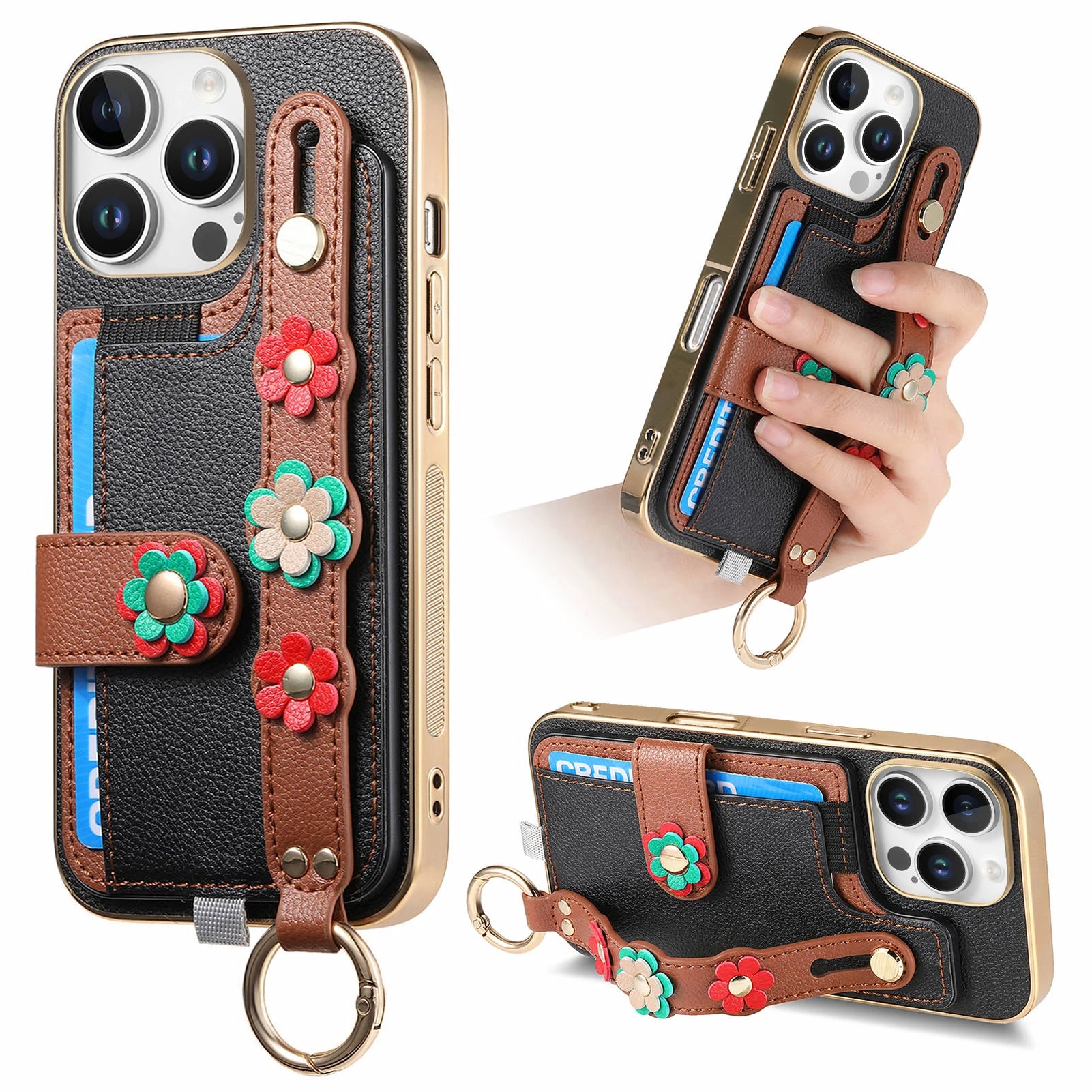 Shockproof Leather Wallet Case with Wrist Strap for iPhone 16 Series