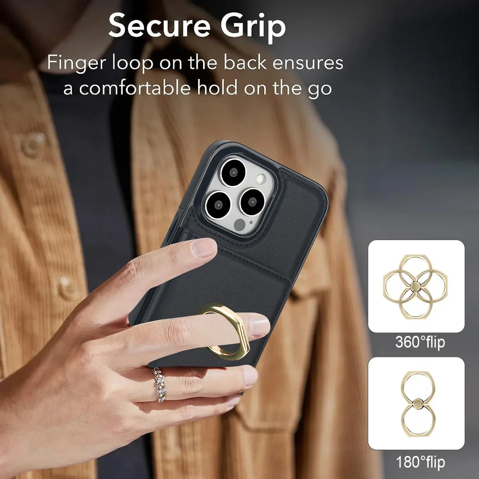 Premium Leather Wallet Case with 360° Ring for iPhone 16 Series