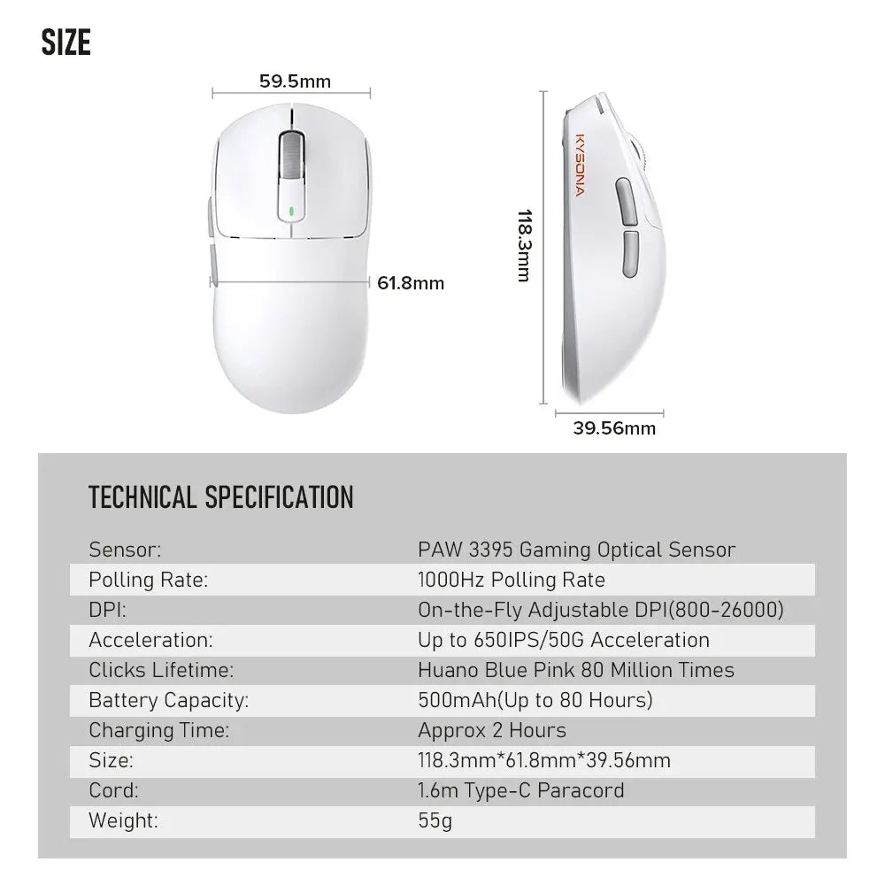 Kysona M600 PAW3395 Wireless Bluetooth Gaming Mouse