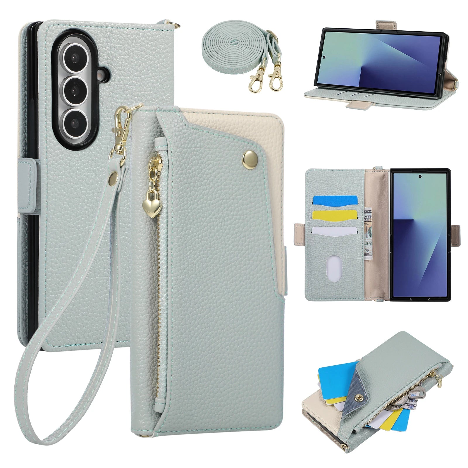 Crossbody Leather Wallet Case with Zipper Card Holder for Samsung Galaxy Z Fold 8 Ultra