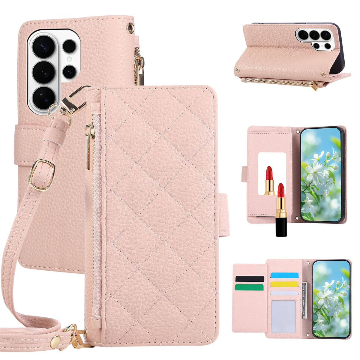 Quilted Faux Leather Crossbody Wallet Case with Detachable Adjustable Lanyard Strap for Samsung Galaxy S26 Series