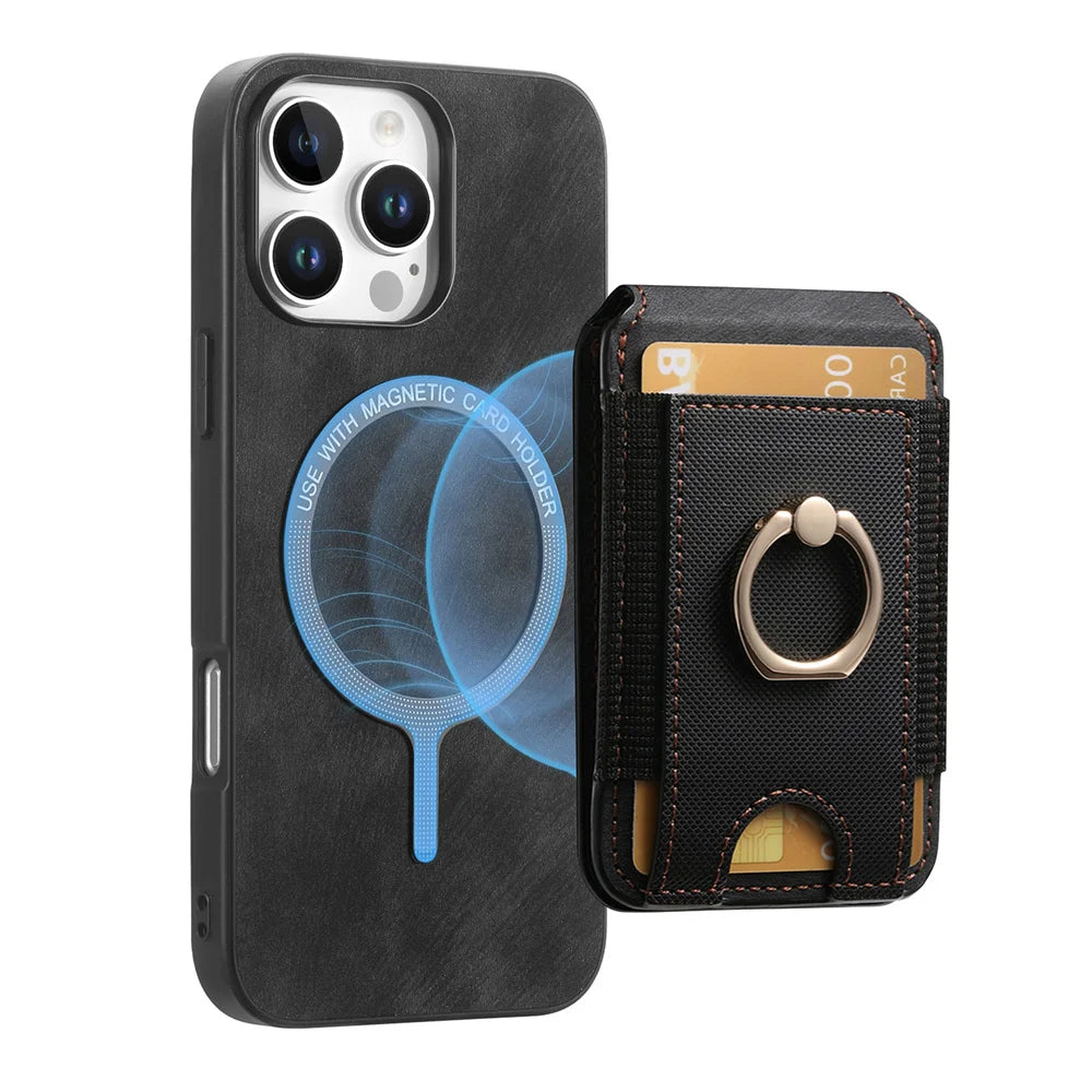 iPhone 16 Series PU Leather Case with MagSafe Support and Removable Card Holder