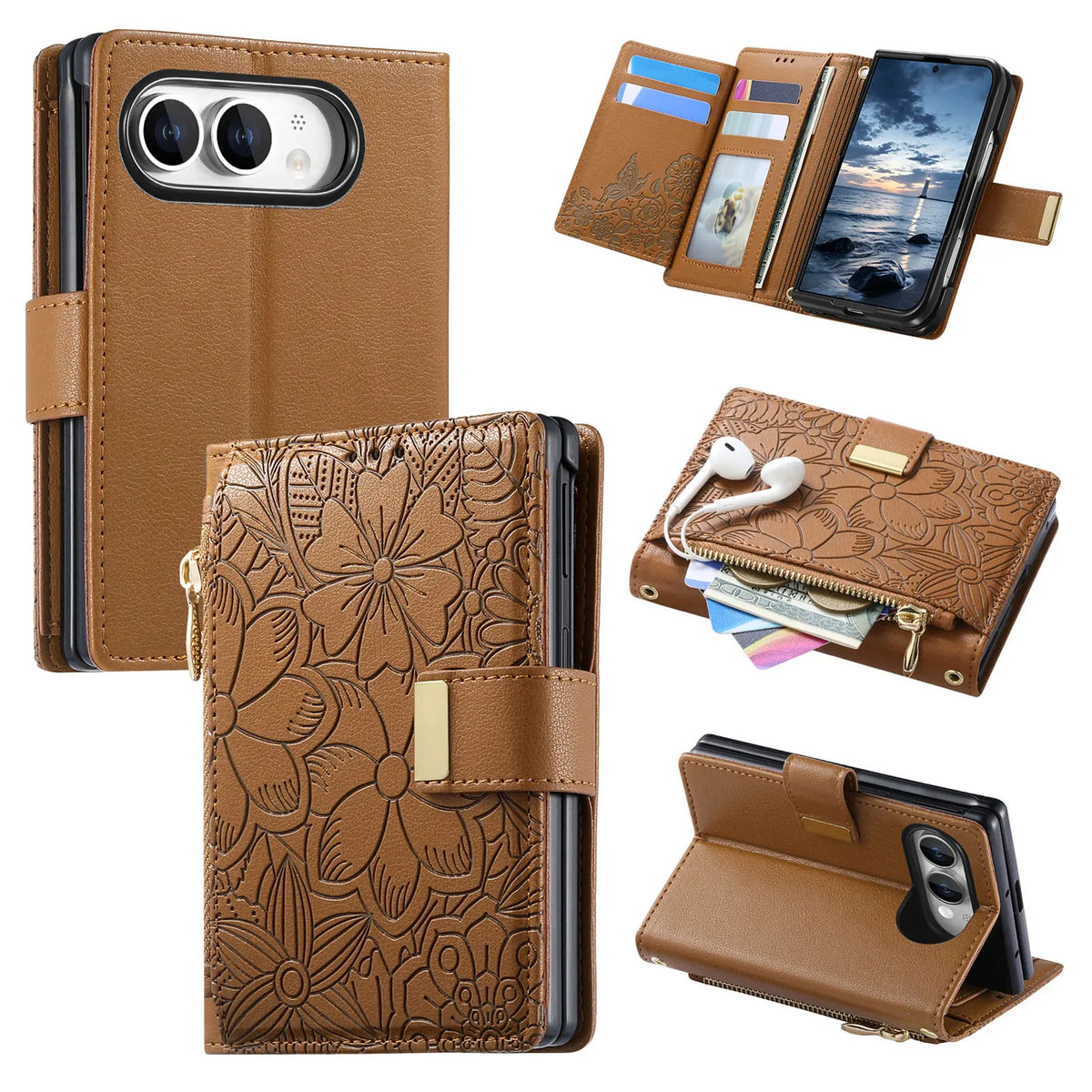 Embossed Leather Wallet Flip Case with Adjustable Stand for iPhone Duo