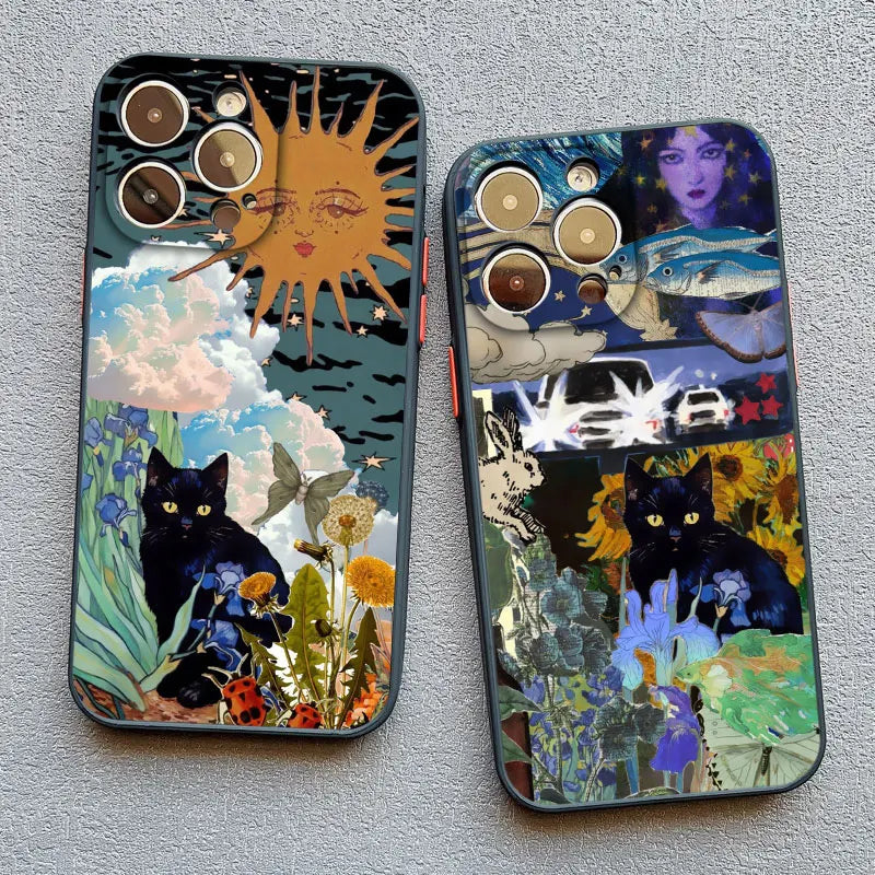 Abstract Art Cat Shockproof Back Phone Case for iPhone 15 Series
