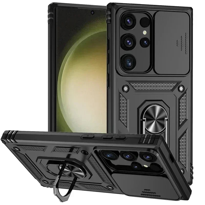 Military Grade Slide Camera Lens Armor Case with Ring Stand for Samsung Galaxy S25 Series