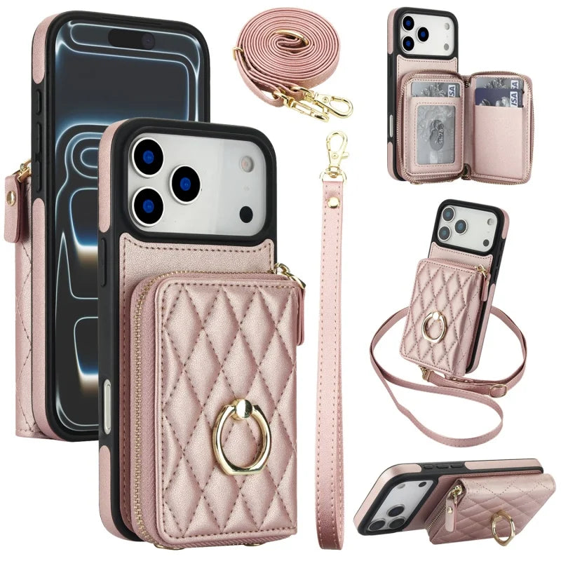 Leather Wallet Phone Case with Adjustable Lanyard for iPhone 17 Series