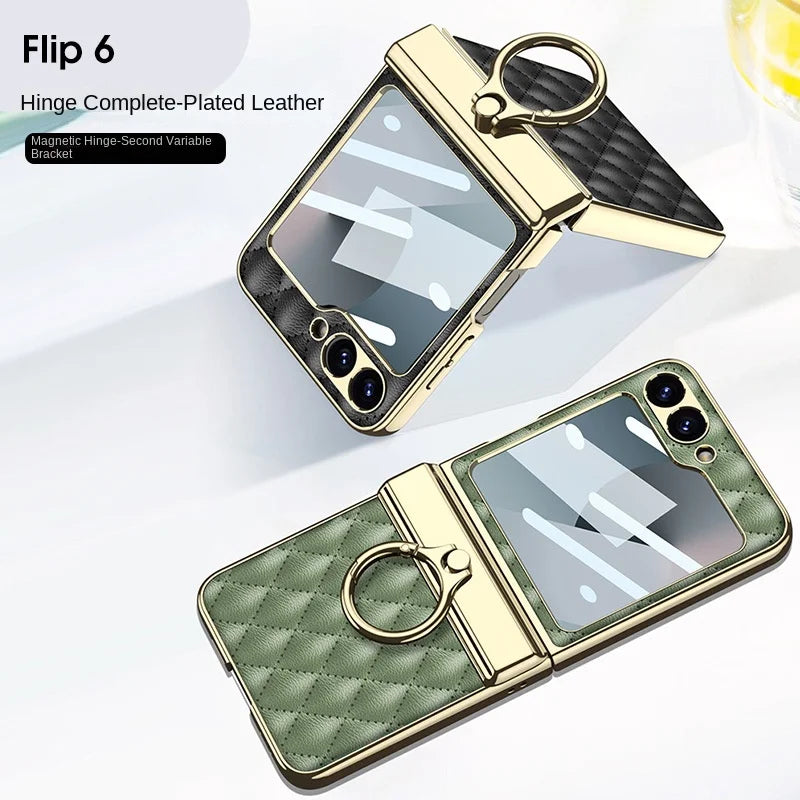 Electroplated PU Leather Case with Ring Holder for Samsung Galaxy Z Flip 6