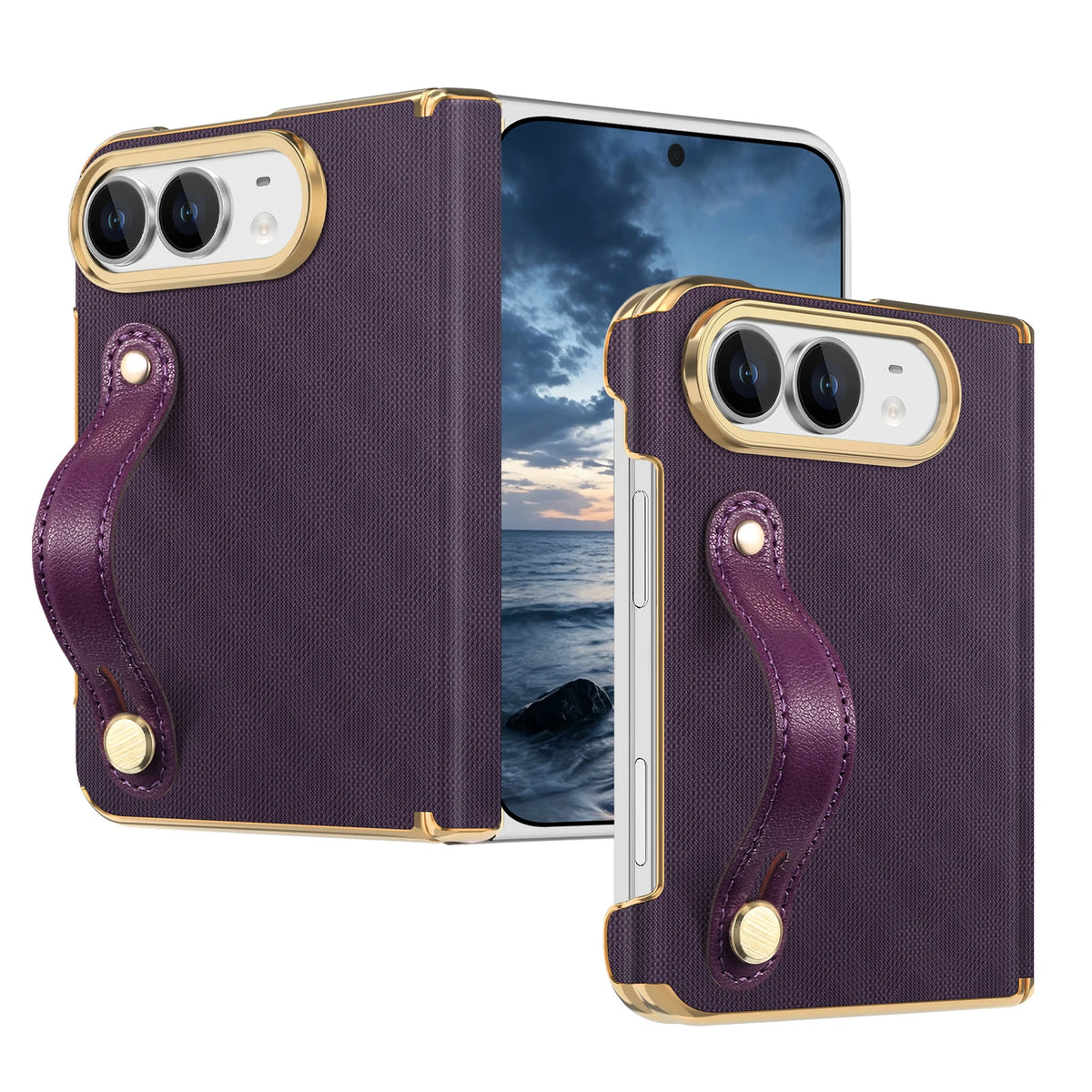 Textured Leather Case with Wrist Strap and Hinge Protection for iPhone Duo