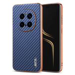 Blue carbon fiber phone case with rose gold accents on a white background