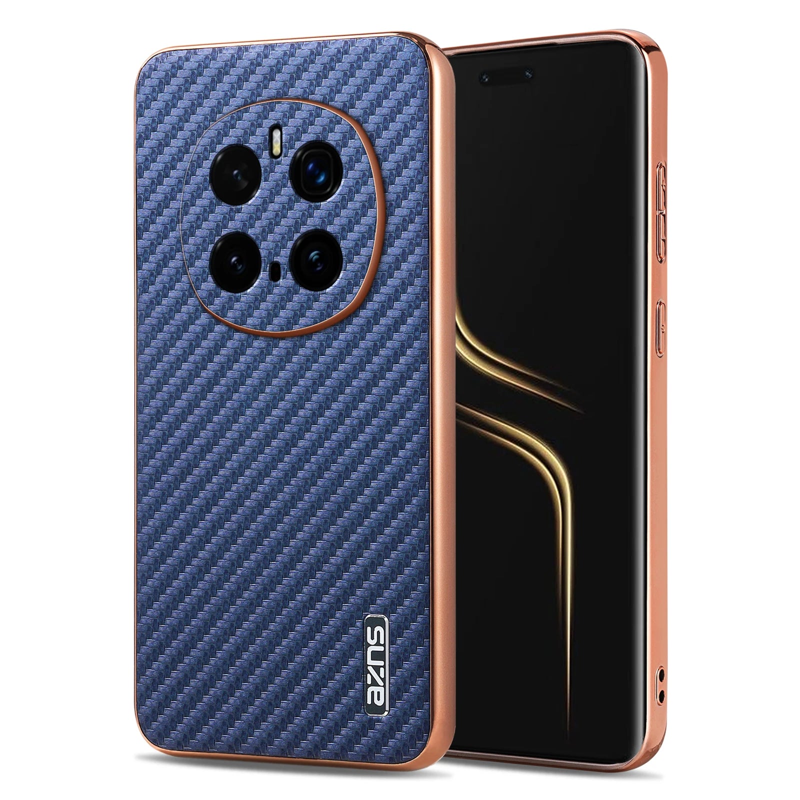 Blue carbon fiber phone case with rose gold accents on a white background