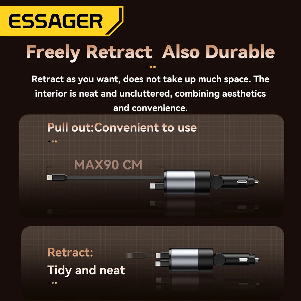 Essager 45W 4-in-1 Fast Car Charger with LED & Retractable USB-C Cable