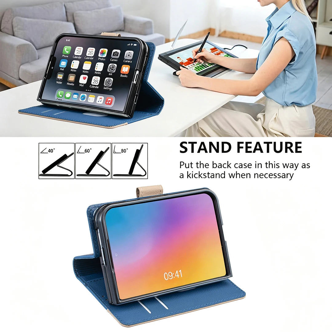 Premium Synthetic Leather Flip Wallet Case with RFID Blocking for iPhone Duo