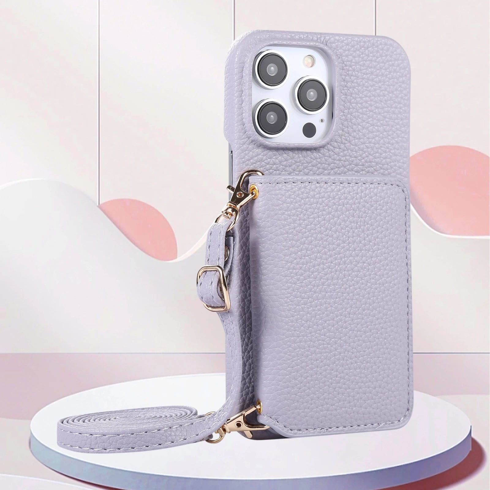 Crossbody Leather Case with Card Bag and Long Lanyard for iPhone 15 Series