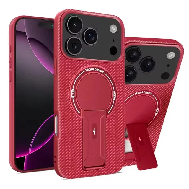 Military-Grade Luxury Carbon Fiber Pattern MagSafe Case with Foldable Stand for iPhone 17 Series