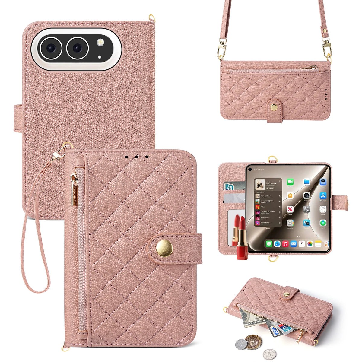 Quilted Leather Crossbody Wallet Case with Detachable Strap for iPhone Duo