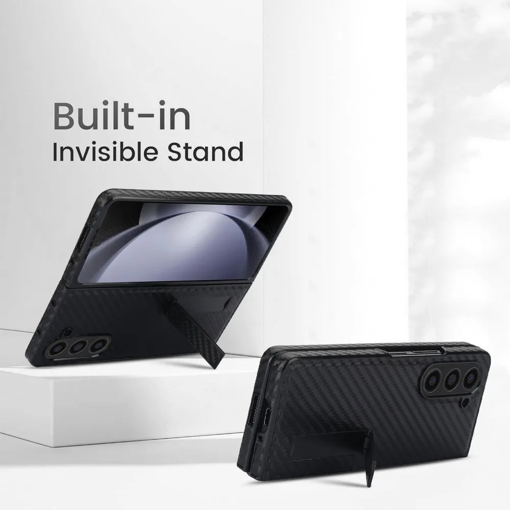 Carbon Fiber Pattern Leather Case with Kickstand Holder for Samsung Galaxy Z Fold 6