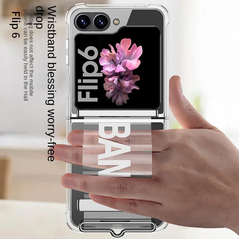 Transparent Hard Plastic Case with Wrist Strap & Bracket for Samsung Galaxy Z Flip 6