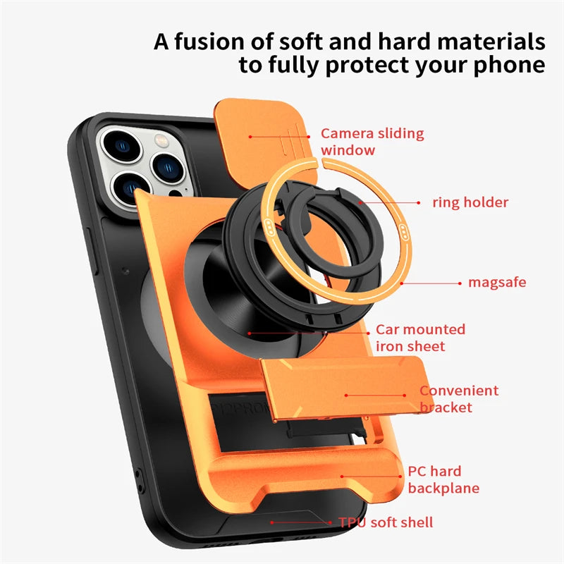 MagSafe Compatible Case for iPhone 15 Series with Rotating Ring and Camera Cover