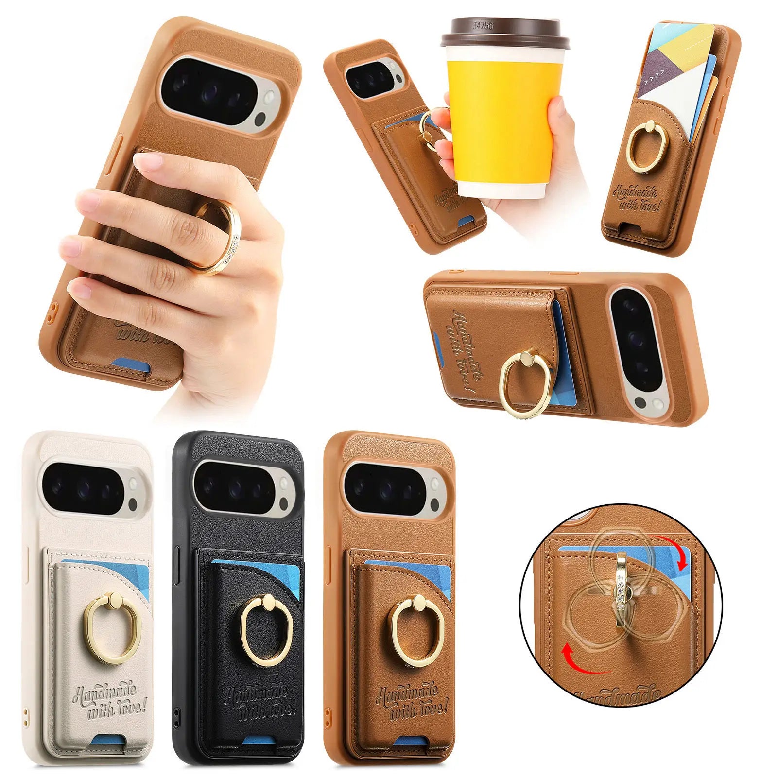 Google Pixel 9 Series Leather Wallet Case with Ring Holder and Kickstand