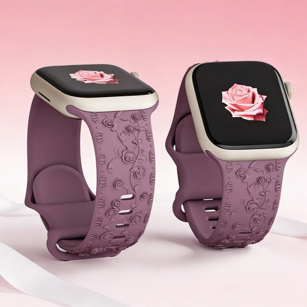Rose Floral Engraved Strap Replacement Band for Apple Watch