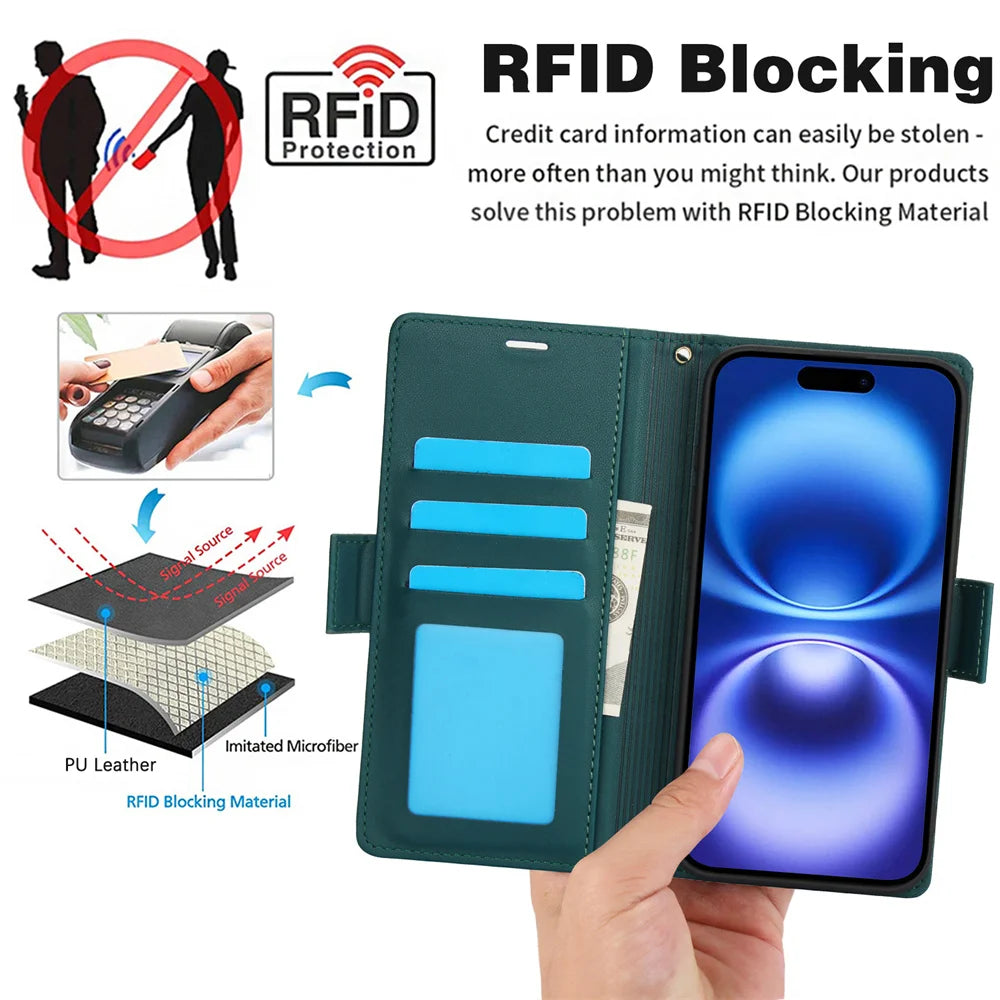 Premium Leather Flip Case with Card Slots & Wrist Strap for iPhone 16 Series