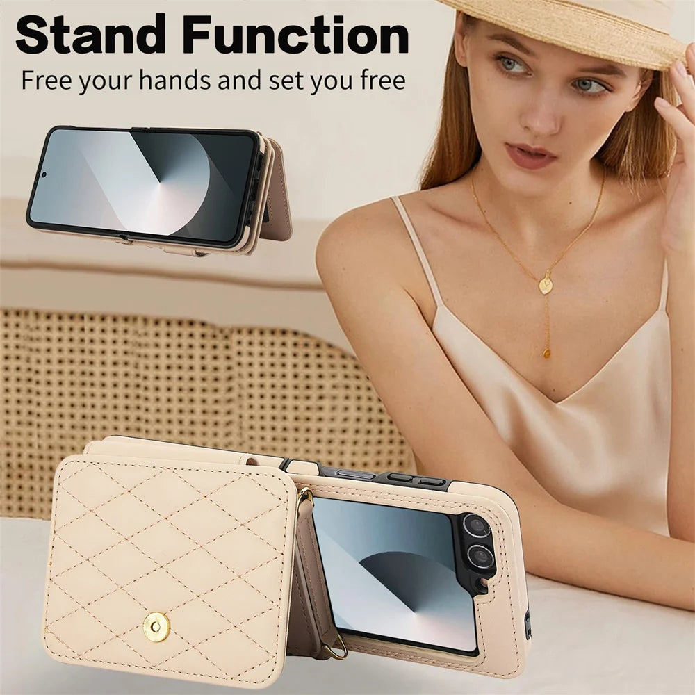 Premium Leather Crossbody Case with Card Holder & Wrist Strap for Samsung Galaxy Z Flip 6