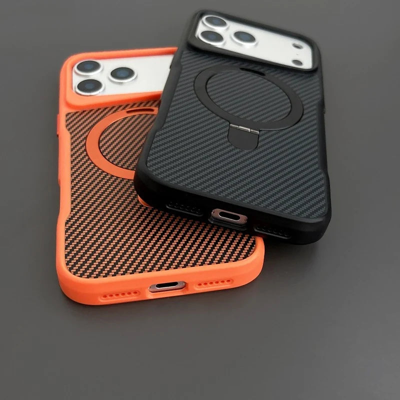 Premium Carbon Fiber Texture MagSafe Case with Bracket for iPhone 17 Series