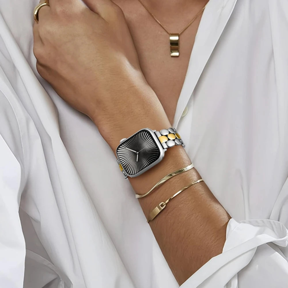 Three-Row Link Bracelet with Push-Button Clasp for Apple Watch