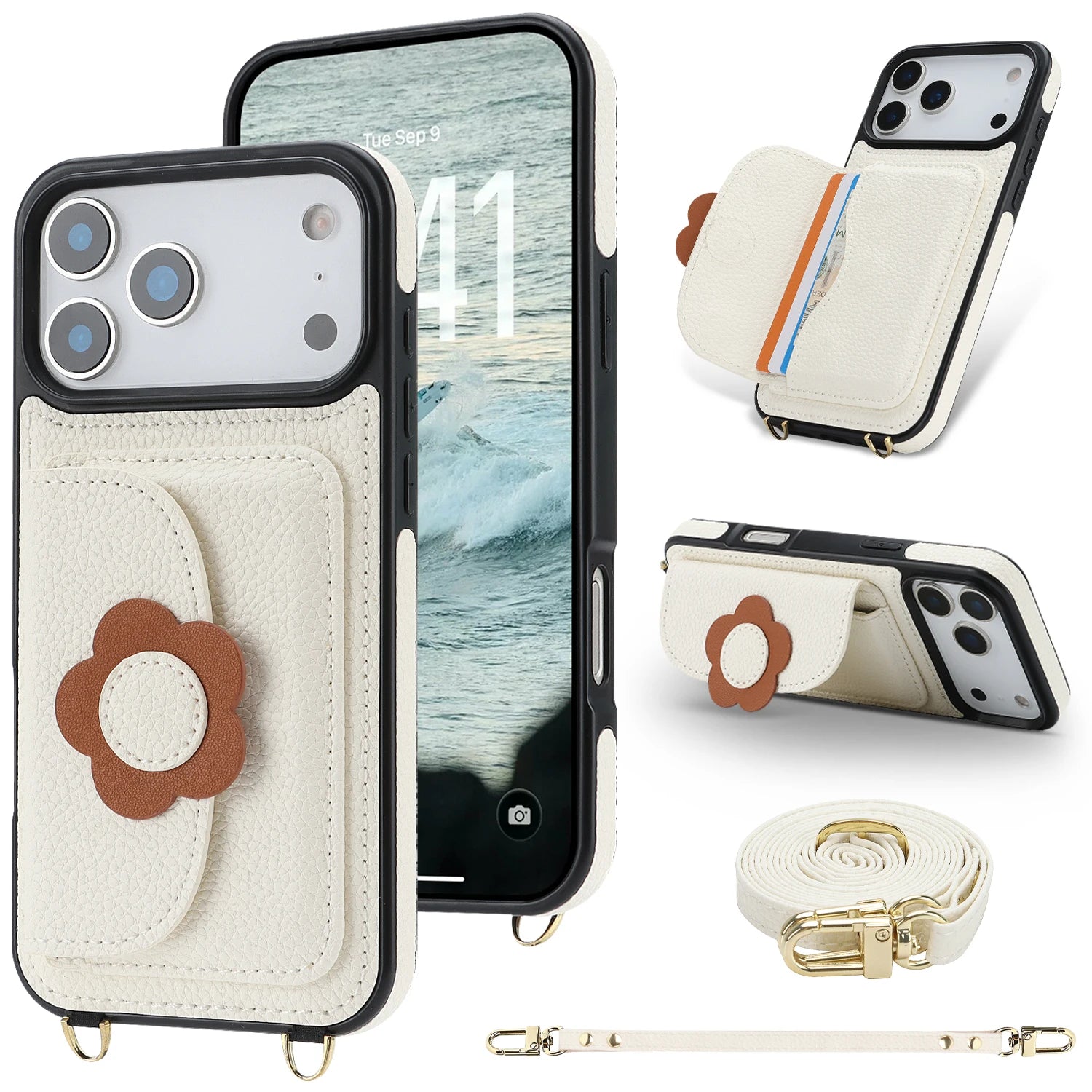 Crossbody Leather Wallet Case with Card Slots and Stand for iPhone 17 Series