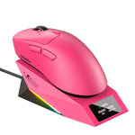 Pink gaming mouse with a charging stand on a white background