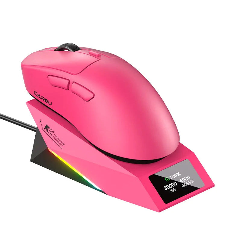 Pink gaming mouse with a charging stand on a white background