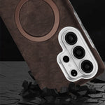 Matte Leather Case with Raised Metal Lens Protection Ring for Samsung Galaxy S25 Series