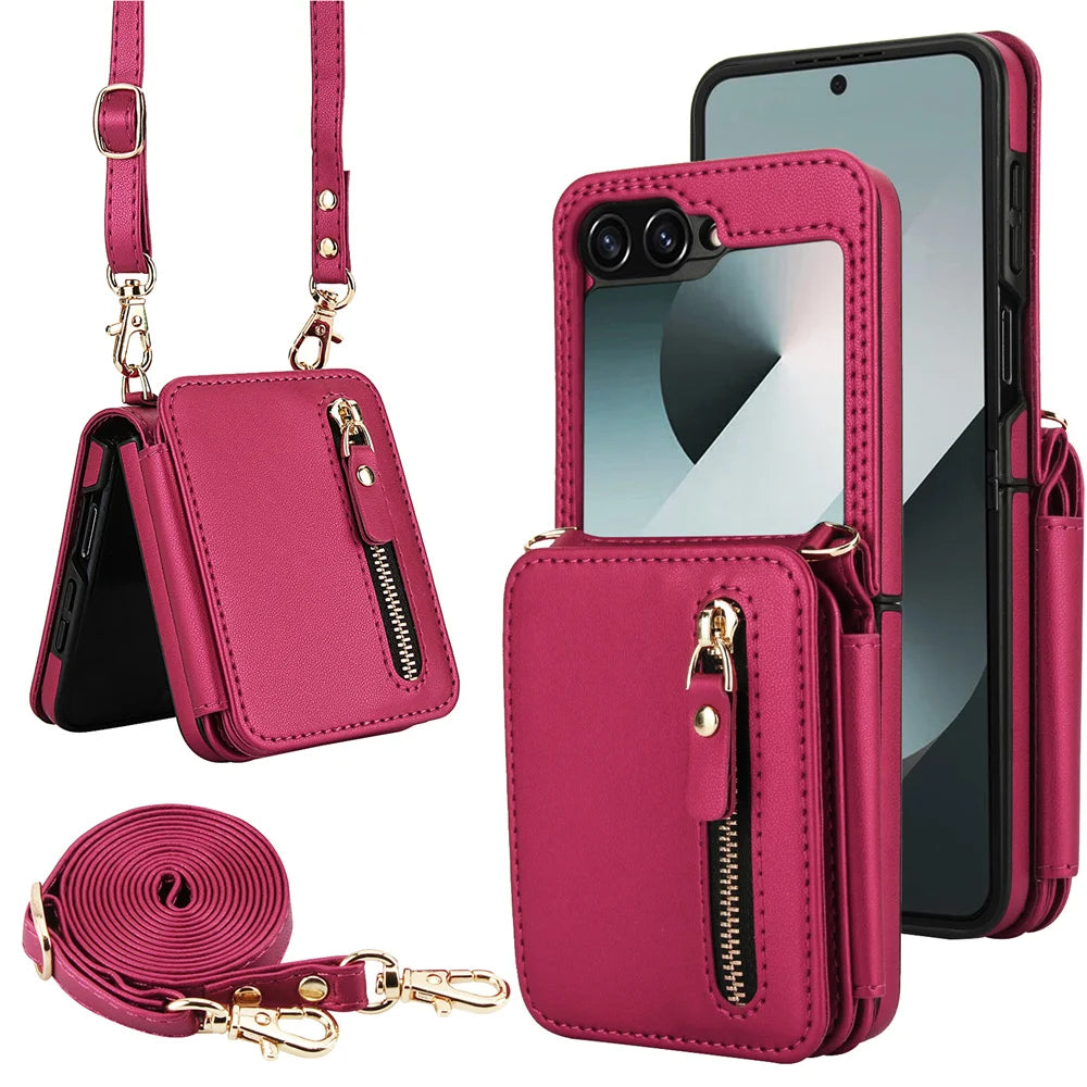 Premium Leather Crossbody Phone Case with Zipper Wallet & Card Holder for Samsung Galaxy Z Flip 5