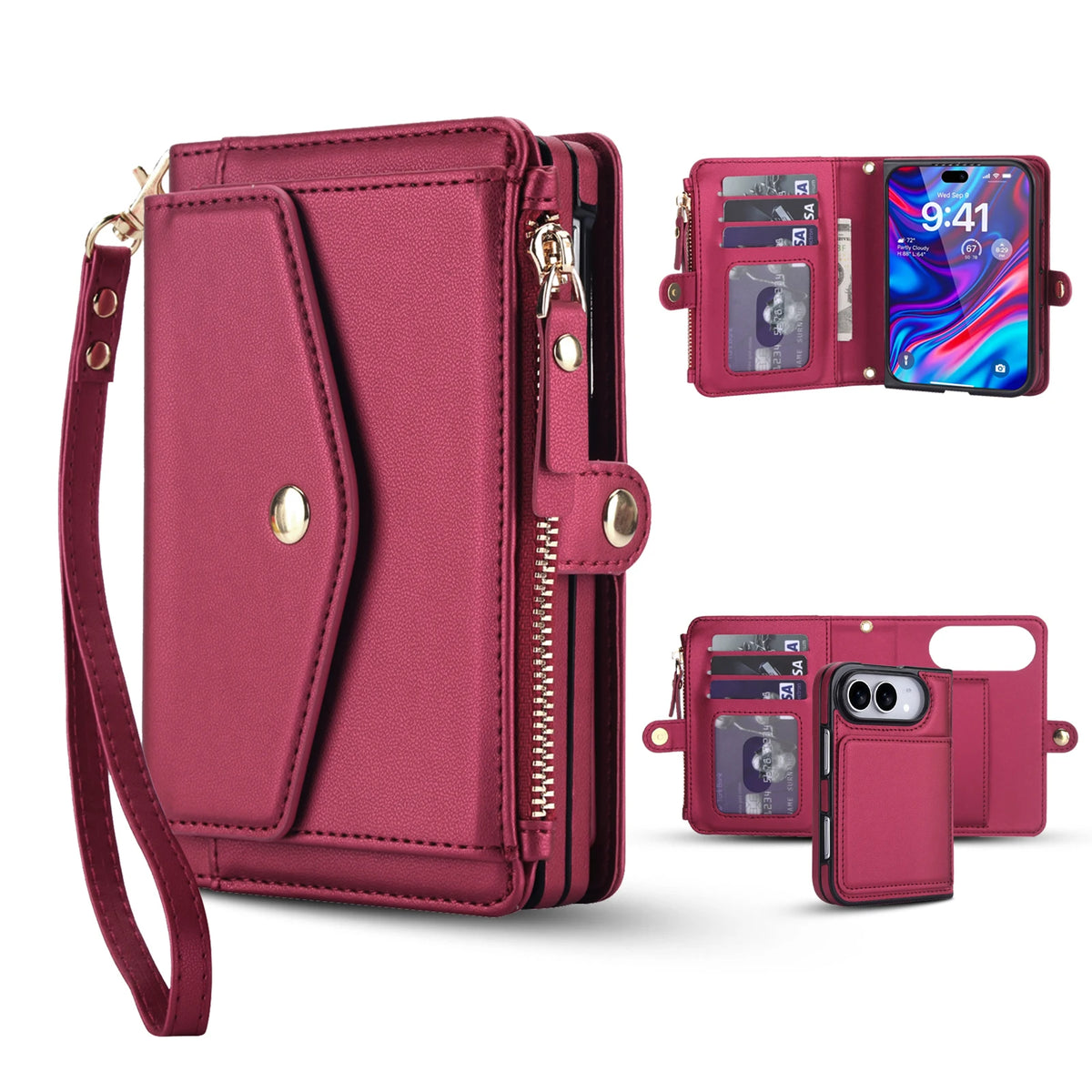 Zipper Wallet Crossbody Case with Detachable Phone Case for iPhone Duo