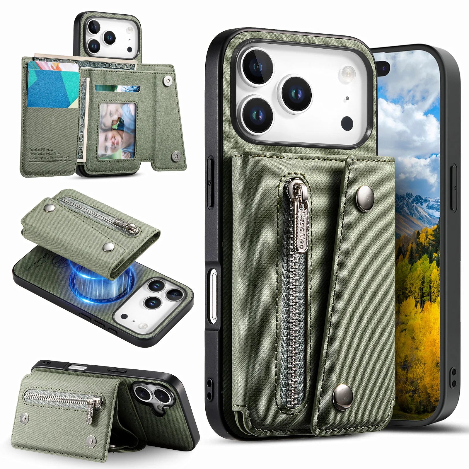 MagSafe Compatible Leather Case with Detachable Zipper Pocket for iPhone 17 Series