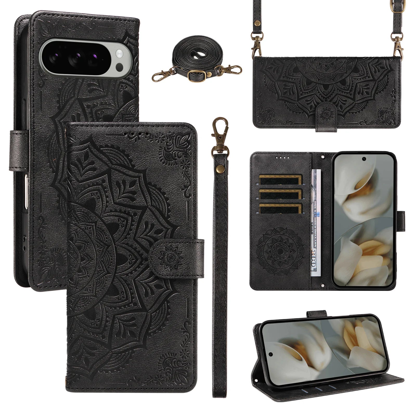 Luxury Embossed Datura Leather Case for Google Pixel 9 Series