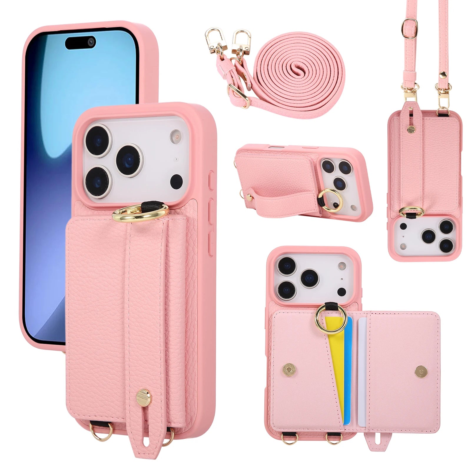 iPhone 17 Series Wallet Case with Crossbody Lanyard and Ring Holder