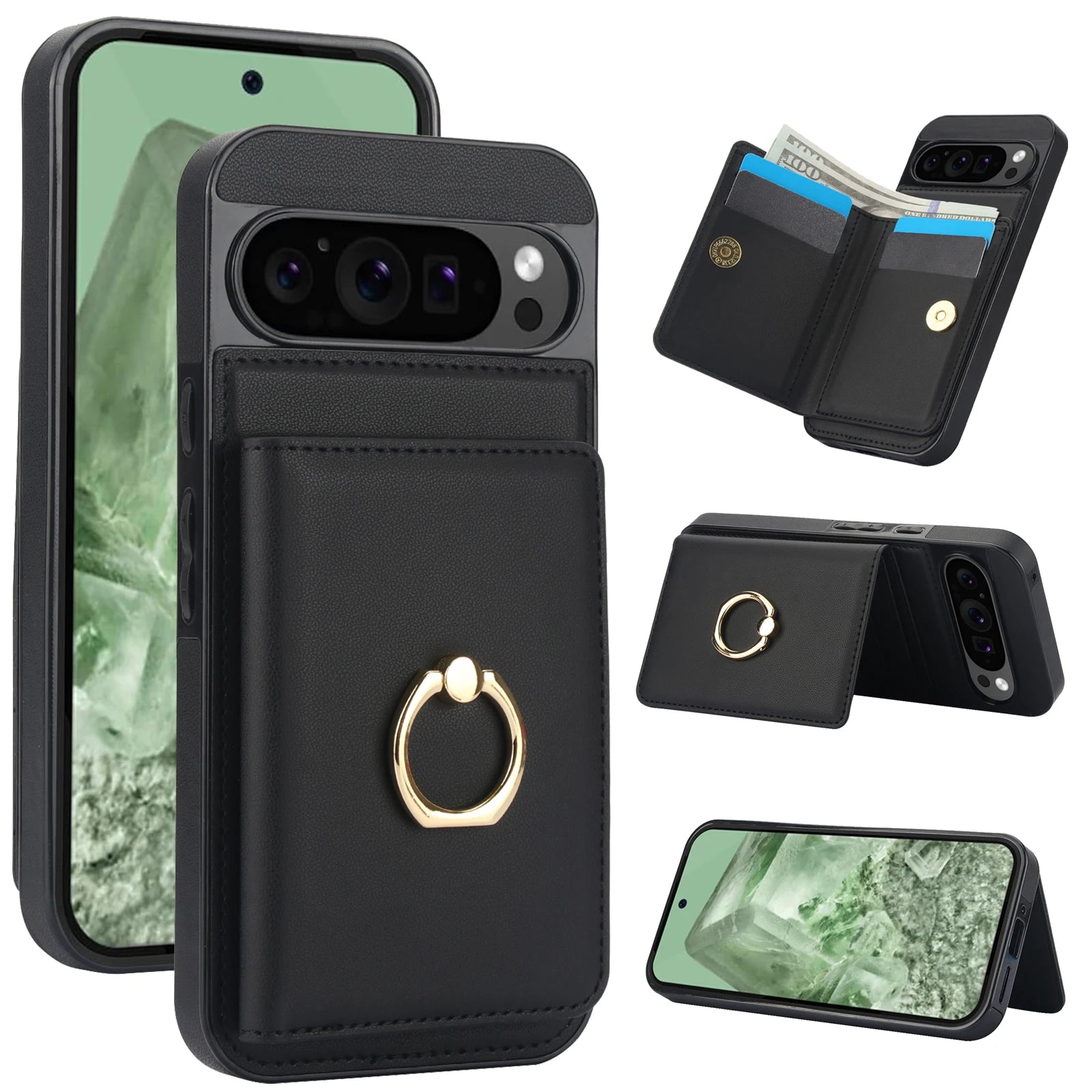 Google Pixel 9 Series Leather Case with Card Holder and Kickstand