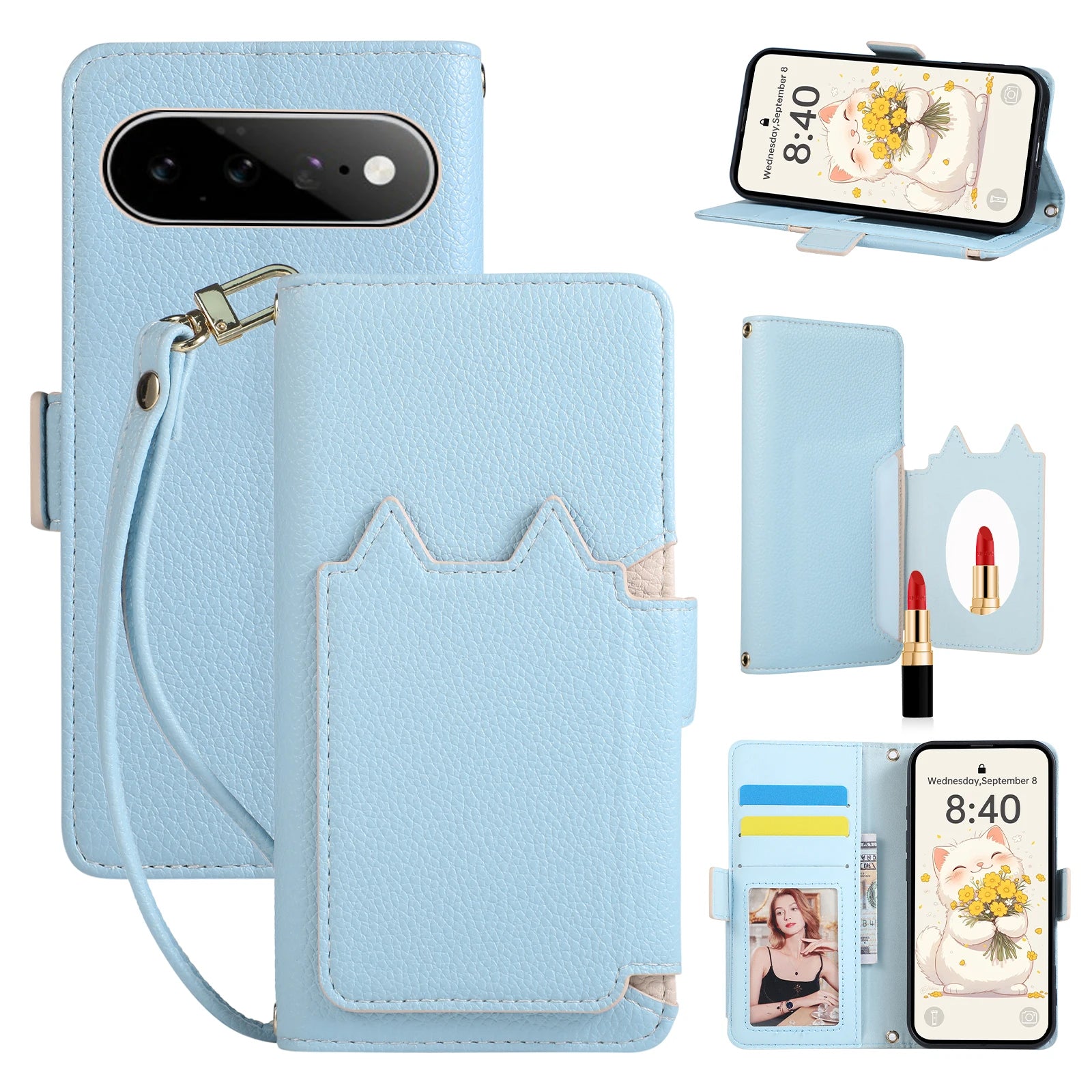 Leather Flip Case with Makeup Mirror for Google Pixel 9 Series