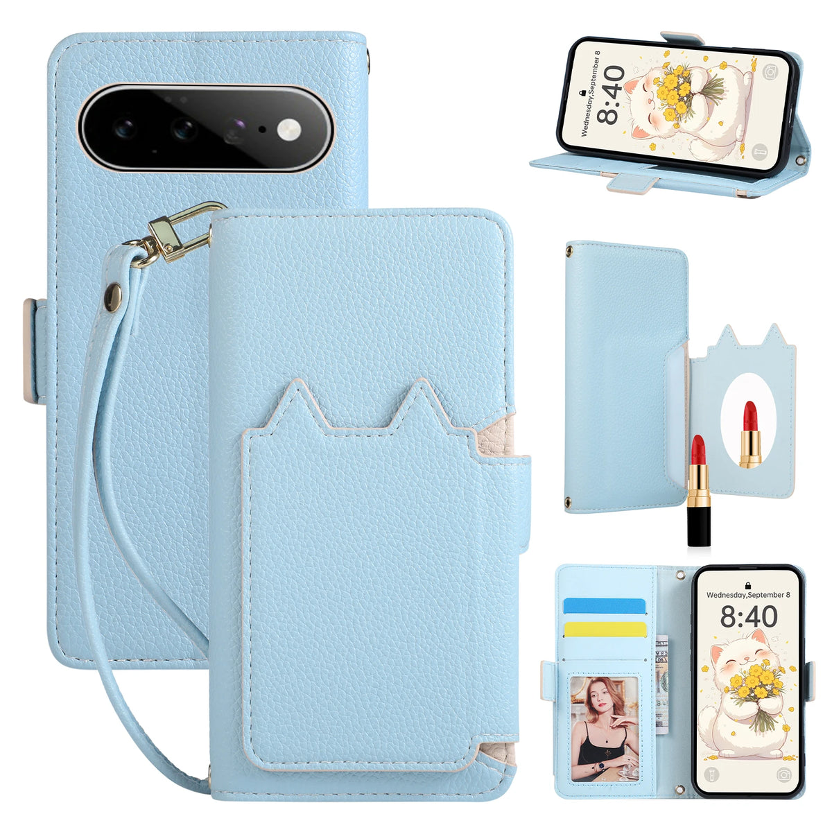 Leather Flip Case with Makeup Mirror for Google Pixel 11 Series