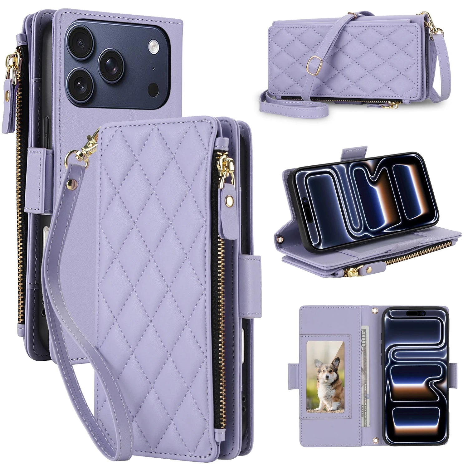 Crossbody Leather Wallet Case with Zipper and Card Slots for iPhone 17 Series