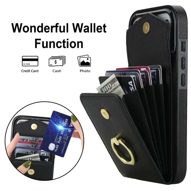 All-in-One Leather Flip Case with Ring & Slots for iPhone 17 Series
