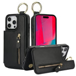 Protective Leather Case with Zipper Wallet & Ring Holder for iPhone 16 Series