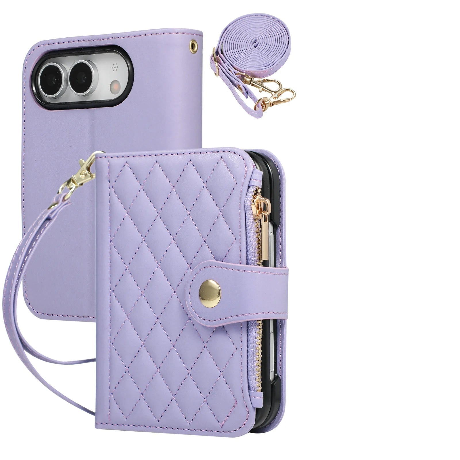 Quilted Diamond Leather Crossbody Wallet Case with Long Adjustable Lanyard Strap for iPhone Duo