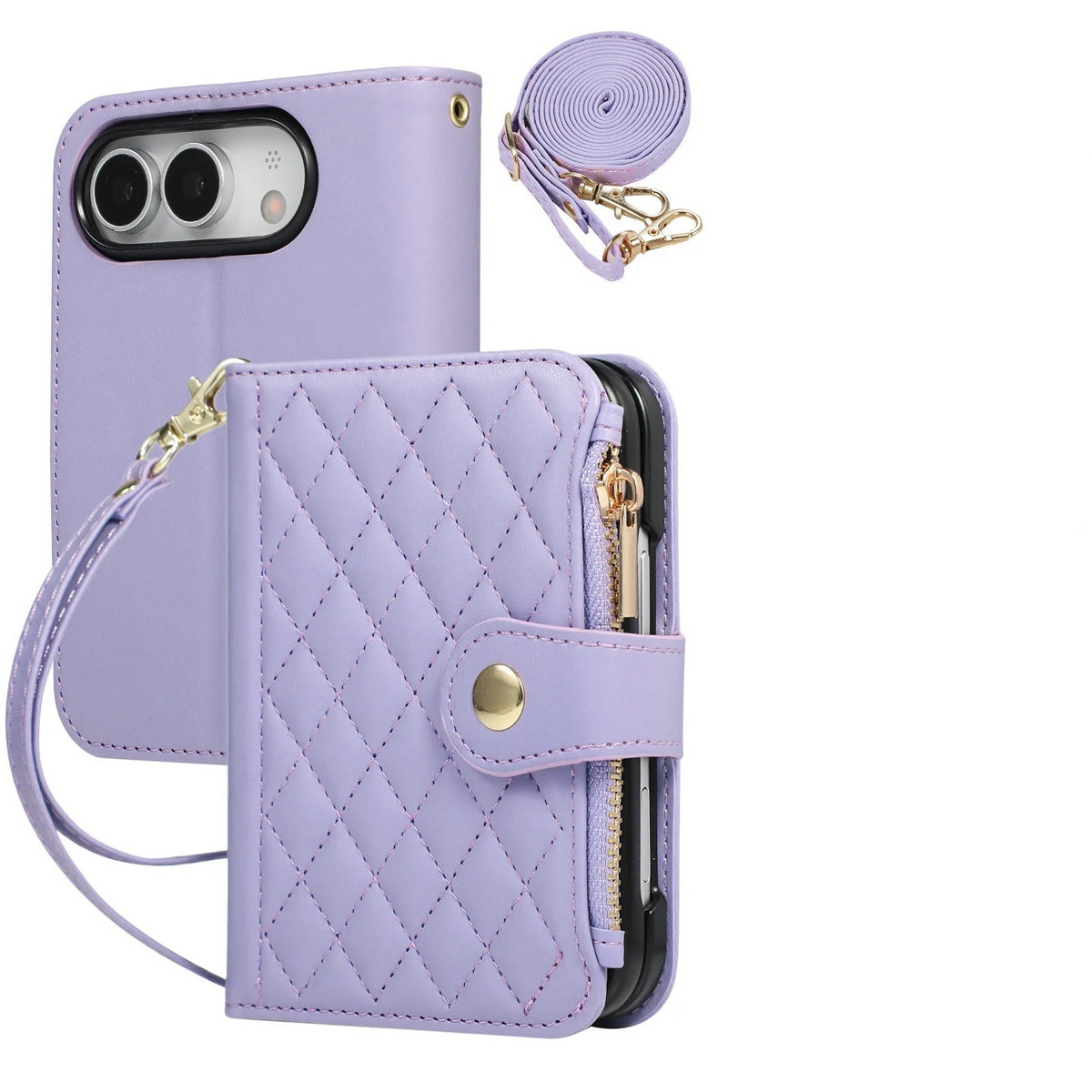 Quilted Diamond Leather Crossbody Wallet Case with Long Adjustable Lanyard Strap for iPhone Duo