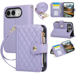 Quilted Diamond Leather Crossbody Wallet Case with Long Adjustable Lanyard Strap for iPhone Duo