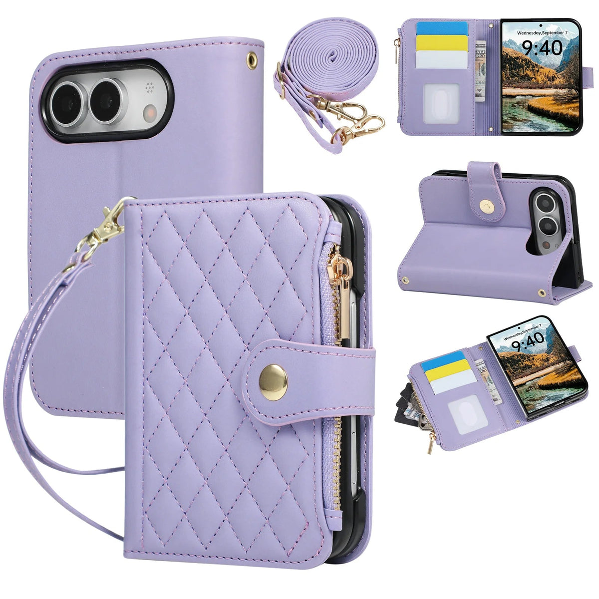 Quilted Diamond Leather Crossbody Wallet Case with Long Adjustable Lanyard Strap for iPhone Duo