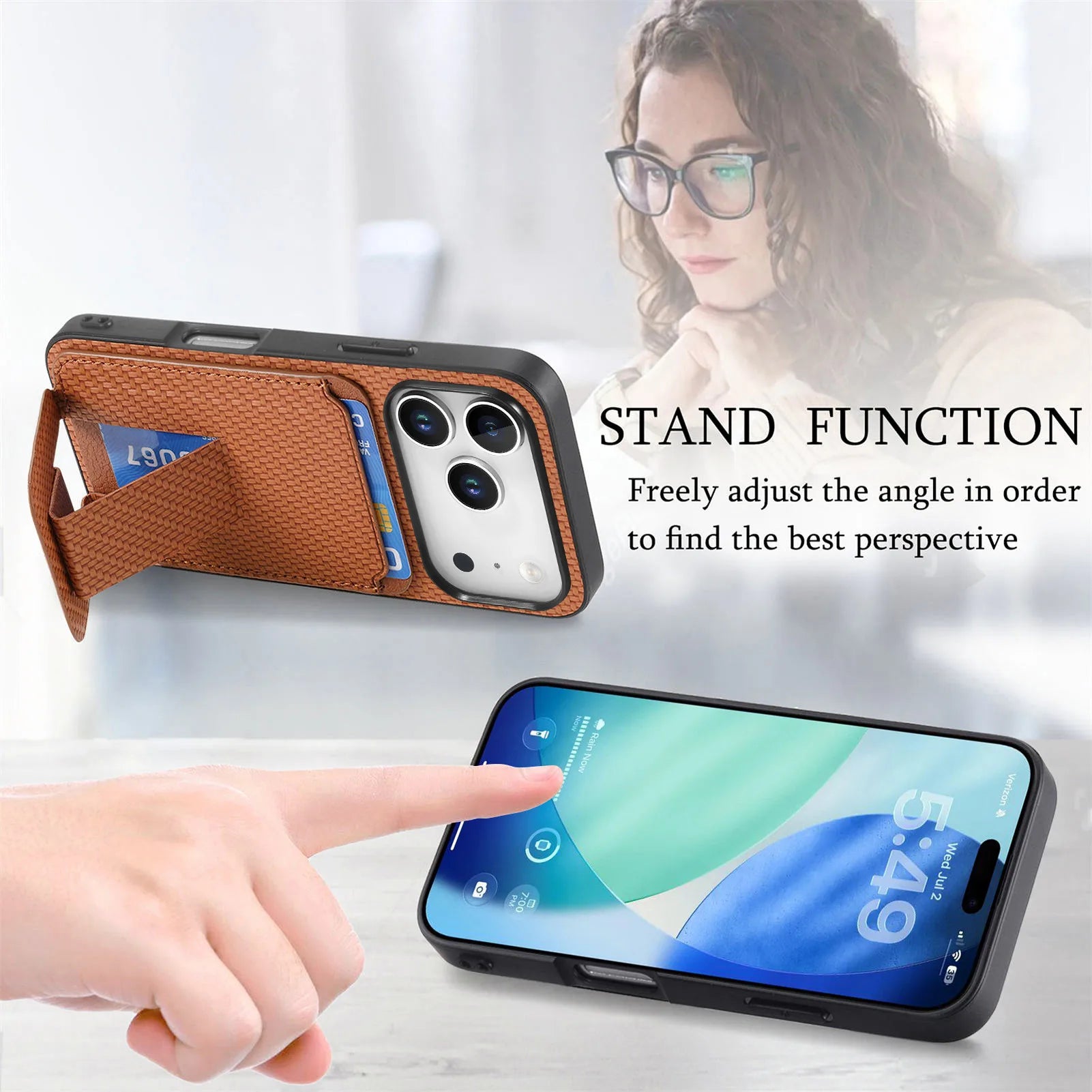 Carbon Fiber Pattern Magnetic Leather Wallet Case with Invisible Kickstand for iPhone 17 Series